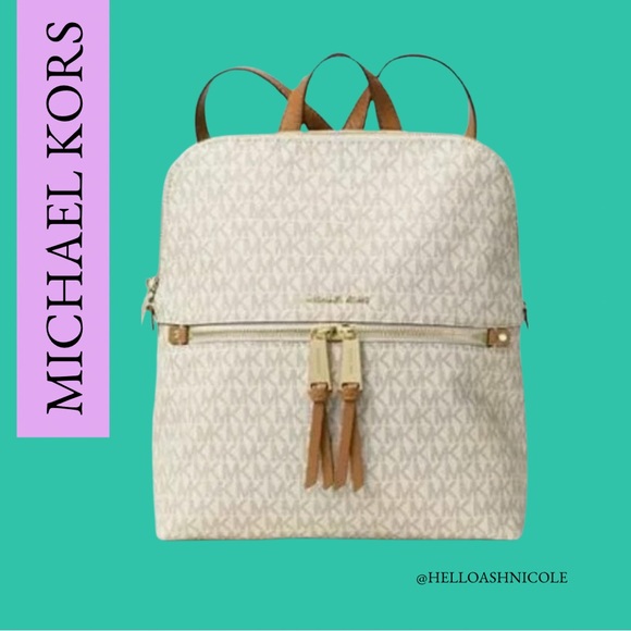 Michael Kors Handbags - Michael Kors Rhea Signature Logo Slim Backpack in Vanilla/Acorn
